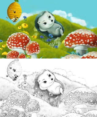 Çizim sahnesi olan karikatür çayırda orman hayvanıyla çizilmiş - çocuklar için çizim