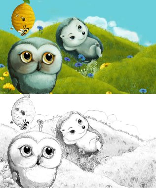 Çizim sahnesi olan karikatür çayırda orman hayvanıyla çizilmiş - çocuklar için çizim