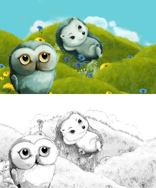 Çizim yapılan çizgi film sahnesinde çayırdaki orman hayvanı çocuklar için resim çiziyor.