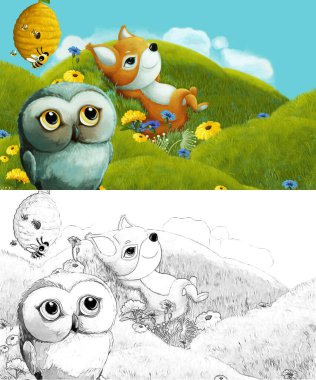 Çizim yapılan çizgi film sahnesinde çayırdaki orman hayvanı çocuklar için resim çiziyor.