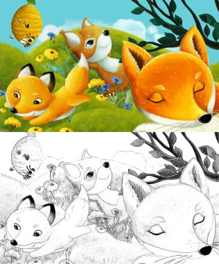 Çizim yapılan çizgi film sahnesinde çayırdaki orman hayvanı çocuklar için resim çiziyor.