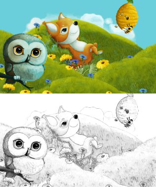 Çizim yapılan çizgi film sahnesinde çayırdaki orman hayvanı çocuklar için resim çiziyor.
