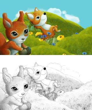 Çizim yapılan çizgi film sahnesinde çayırdaki orman hayvanı çocuklar için resim çiziyor.
