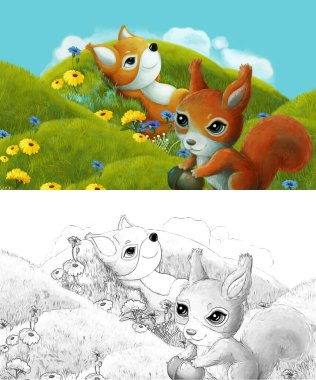 Çizim yapılan çizgi film sahnesinde çayırdaki orman hayvanı çocuklar için resim çiziyor.