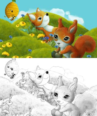 Çizim yapılan çizgi film sahnesinde çayırdaki orman hayvanı çocuklar için resim çiziyor.