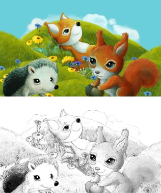 Çizim yapılan çizgi film sahnesinde çayırdaki orman hayvanı çocuklar için resim çiziyor.