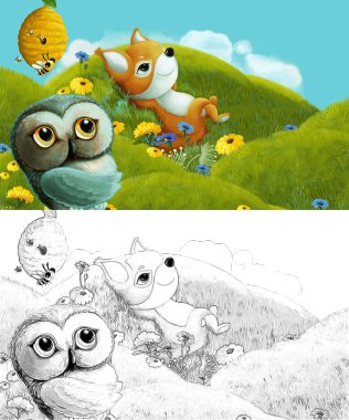 Çizim yapılan çizgi film sahnesinde çayırdaki orman hayvanı çocuklar için resim çiziyor.