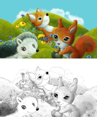 Çizim yapılan çizgi film sahnesinde çayırdaki orman hayvanı çocuklar için resim çiziyor.