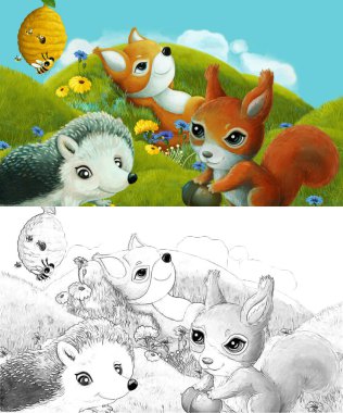 Çizim yapılan çizgi film sahnesinde çayırdaki orman hayvanı çocuklar için resim çiziyor.
