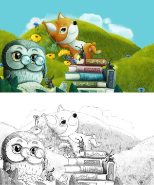 Çizim yapılan çizgi film sahnesinde çayırdaki orman hayvanı çocuklar için resim çiziyor.