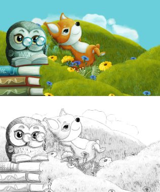 Çizim yapılan çizgi film sahnesinde çayırdaki orman hayvanı çocuklar için resim çiziyor.