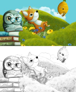 Çizim yapılan çizgi film sahnesinde çayırdaki orman hayvanı çocuklar için resim çiziyor.