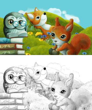 Çizim yapılan çizgi film sahnesinde çayırdaki orman hayvanı çocuklar için resim çiziyor.
