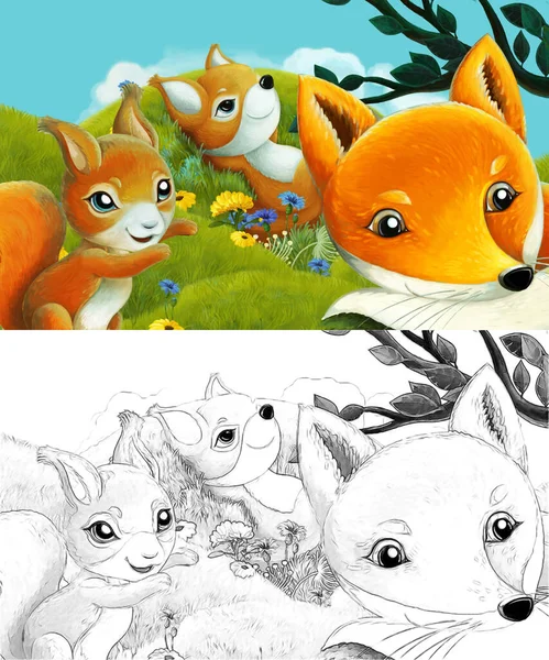 草地に森の動物とスケッチシーンと漫画 子供のためのイラスト — ストック写真