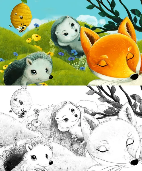 Kreskówka Sceną Szkicową Szkicem Zwierzęciem Leśnym Łące Ilustracja Dla Dzieci — Zdjęcie stockowe