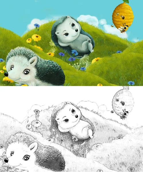 Çizim sahnesi olan karikatür çayırda orman hayvanıyla çizilmiş - çocuklar için çizim