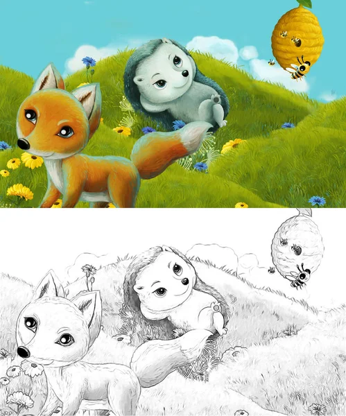 cartoon with sketch scene with sketch with forest animal on the meadow - illustration for children