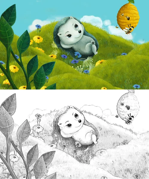 Kreskówka Sceną Szkicową Szkicem Zwierzęciem Leśnym Łące Ilustracja Dla Dzieci — Zdjęcie stockowe