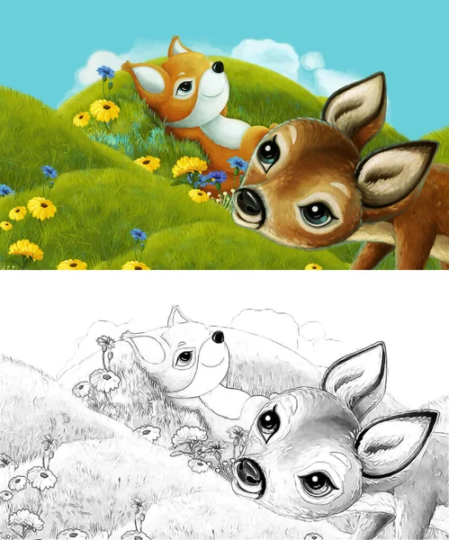 楽しさを持つ牧草地に森の動物とスケッチで漫画シーン 子供のためのイラスト — ストック写真