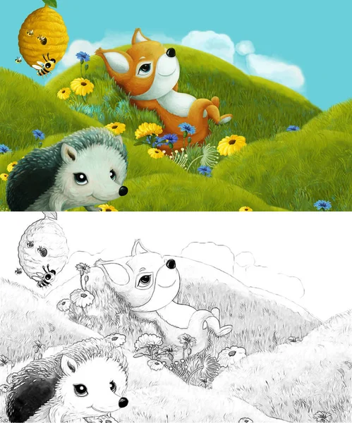 Cartoon Scene Sketch Forest Animal Meadow Having Fun Illustration Children — Stock Photo, Image