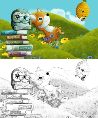 Çizim yapılan çizgi film sahnesinde çayırdaki orman hayvanı çocuklar için resim çiziyor.