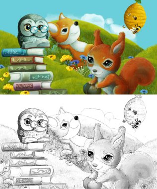 Çizim yapılan çizgi film sahnesinde çayırdaki orman hayvanı çocuklar için resim çiziyor.