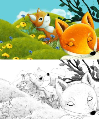 Çizim yapılan çizgi film sahnesinde çayırdaki orman hayvanı çocuklar için resim çiziyor.