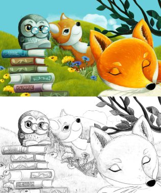 Çizim yapılan çizgi film sahnesinde çayırdaki orman hayvanı çocuklar için resim çiziyor.