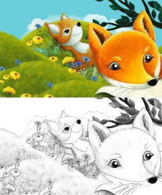 Çizim yapılan çizgi film sahnesinde çayırdaki orman hayvanı çocuklar için resim çiziyor.