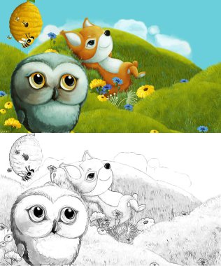 Çizim yapılan çizgi film sahnesinde çayırdaki orman hayvanı çocuklar için resim çiziyor.