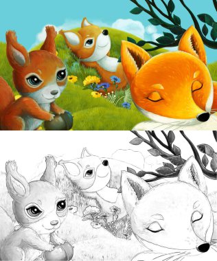 Çizim yapılan çizgi film sahnesinde çayırdaki orman hayvanı çocuklar için resim çiziyor.