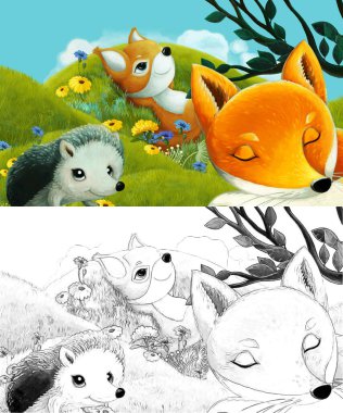 Çizim yapılan çizgi film sahnesinde çayırdaki orman hayvanı çocuklar için resim çiziyor.