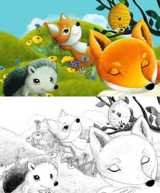 Çizim yapılan çizgi film sahnesinde çayırdaki orman hayvanı çocuklar için resim çiziyor.