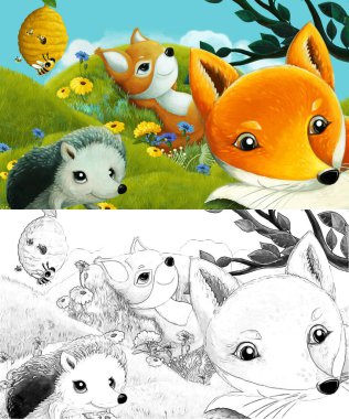 Çizim yapılan çizgi film sahnesinde çayırdaki orman hayvanı çocuklar için resim çiziyor.