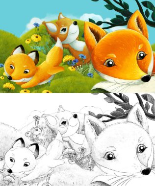 Çizim yapılan çizgi film sahnesinde çayırdaki orman hayvanı çocuklar için resim çiziyor.