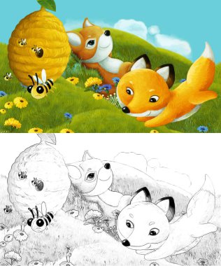 Çizim yapılan çizgi film sahnesinde çayırdaki orman hayvanı çocuklar için resim çiziyor.