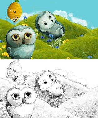 Çizim yapılan çizgi film sahnesinde çayırdaki orman hayvanı çocuklar için resim çiziyor.