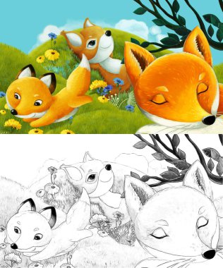 Çizim yapılan çizgi film sahnesinde çayırdaki orman hayvanı çocuklar için resim çiziyor.