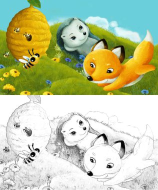 Çizim yapılan çizgi film sahnesinde çayırdaki orman hayvanı çocuklar için resim çiziyor.