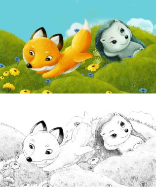 Çizim yapılan çizgi film sahnesinde çayırdaki orman hayvanı çocuklar için resim çiziyor.