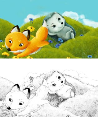 Çizim yapılan çizgi film sahnesinde çayırdaki orman hayvanı çocuklar için resim çiziyor.