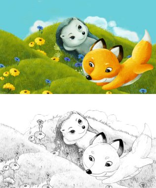 Çizim yapılan çizgi film sahnesinde çayırdaki orman hayvanı çocuklar için resim çiziyor.