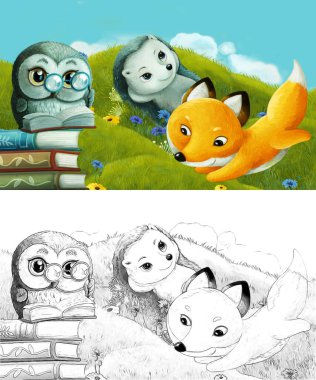 Çizim yapılan çizgi film sahnesinde çayırdaki orman hayvanı çocuklar için resim çiziyor.
