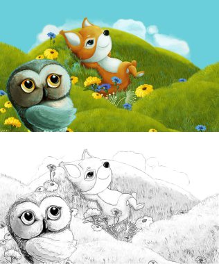 Çizim yapılan çizgi film sahnesinde çayırdaki orman hayvanı çocuklar için resim çiziyor.