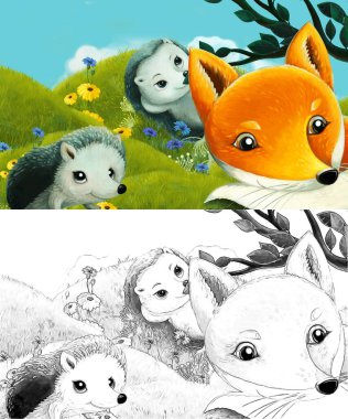 Çizim yapılan çizgi film sahnesinde çayırdaki orman hayvanı çocuklar için resim çiziyor.