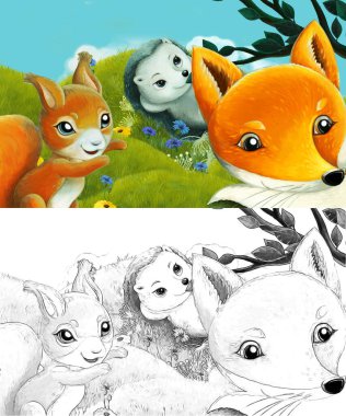 Çizim yapılan çizgi film sahnesinde çayırdaki orman hayvanı çocuklar için resim çiziyor.