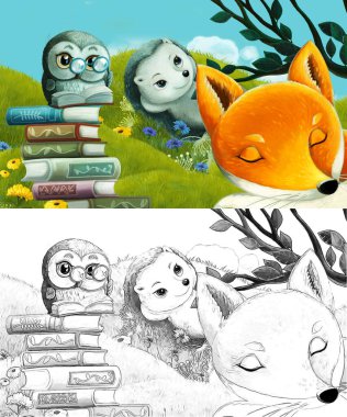 Çizim yapılan çizgi film sahnesinde çayırdaki orman hayvanı çocuklar için resim çiziyor.