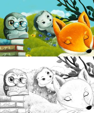 Çizim yapılan çizgi film sahnesinde çayırdaki orman hayvanı çocuklar için resim çiziyor.