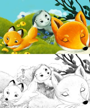 Çizim yapılan çizgi film sahnesinde çayırdaki orman hayvanı çocuklar için resim çiziyor.