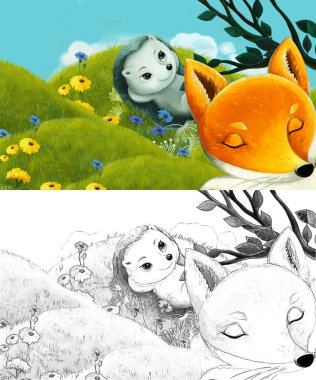 Çizim yapılan çizgi film sahnesinde çayırdaki orman hayvanı çocuklar için resim çiziyor.